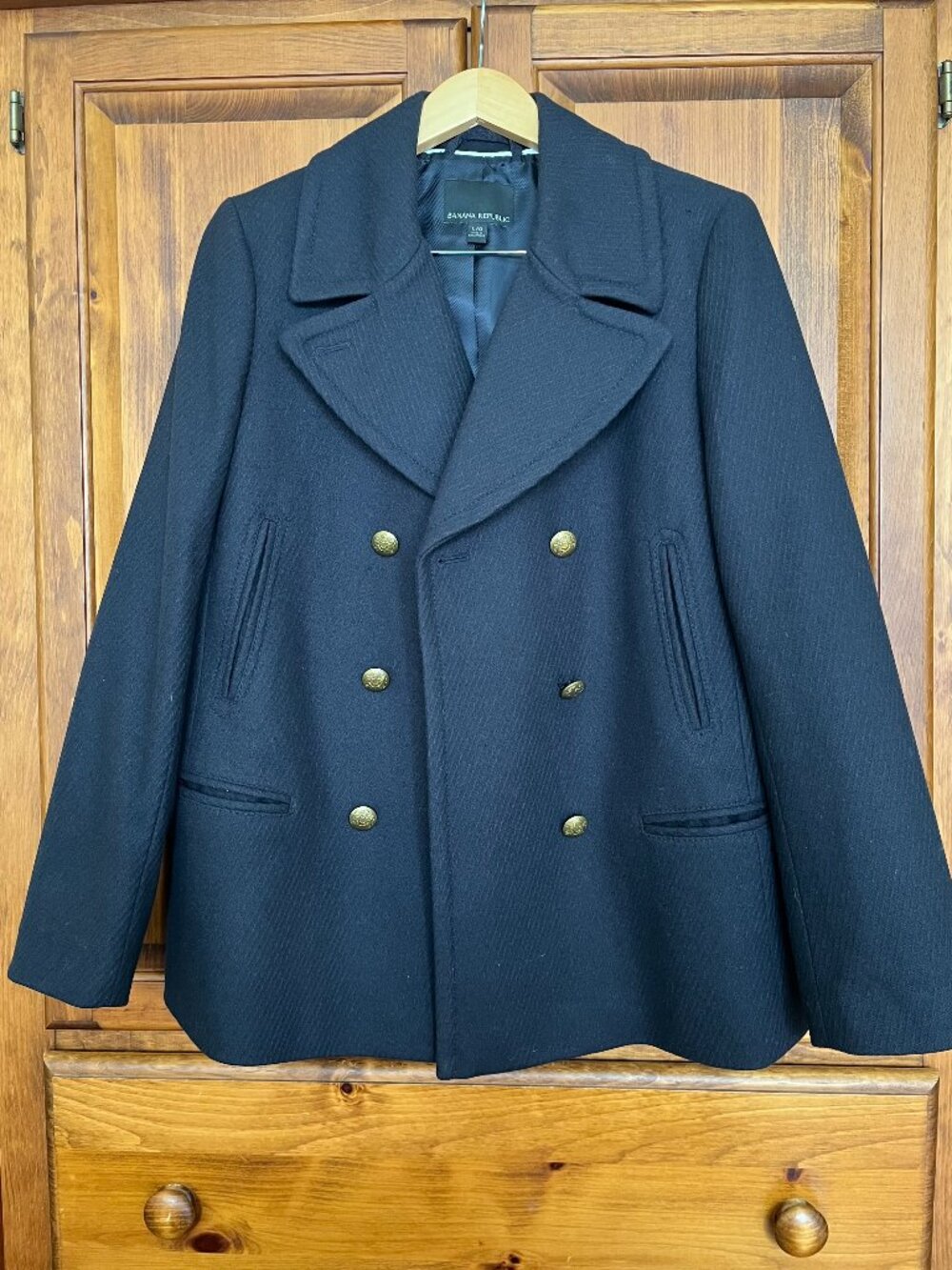 Navy Blue Wool Peacoat Gold Buttons Banana Republic Size Large